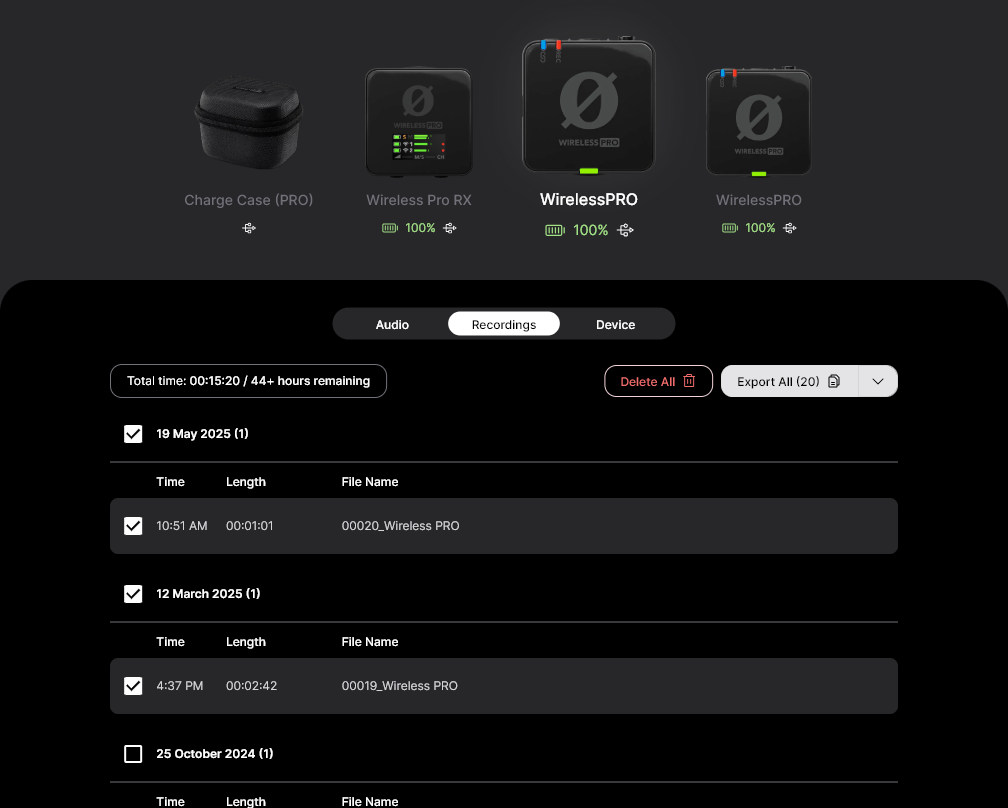 Exporting Wireless PRO recorded files in RØDE Central